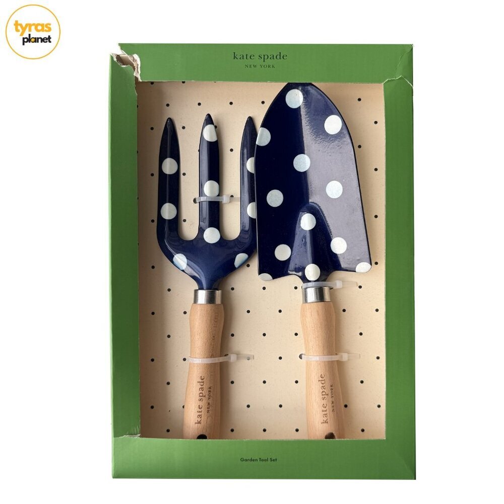 Kate Spade 2 piece Navy Dots Garden Tool Set Trowel & Trident - CORNER TEAR